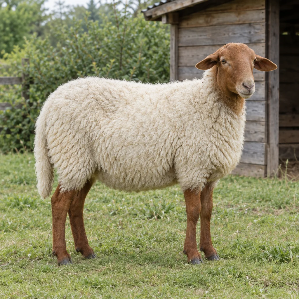 Een schaap met witte wol, een roodbruine kop en poten staat op gras naast een houten schuilplaats.