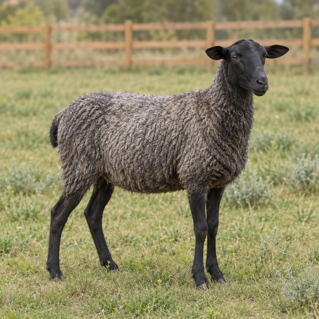 Een schaap met grijze wol, een zwarte kop en zwarte poten staat in een grasweide voor een houten hek.