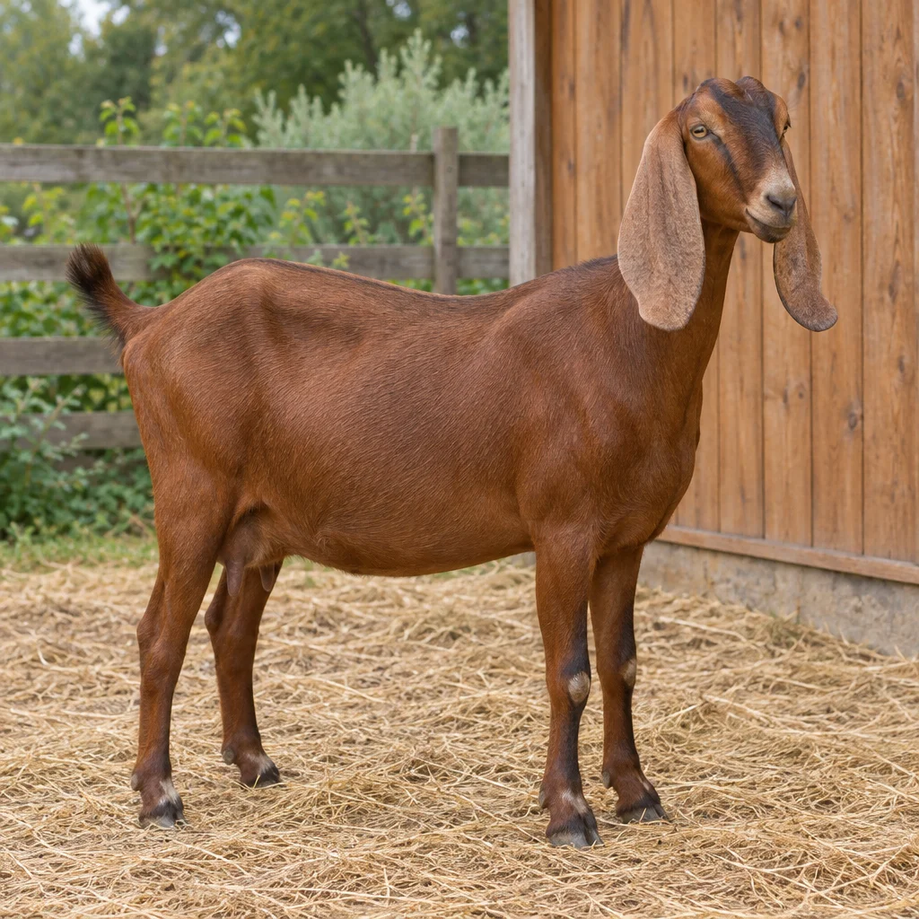 Bruine geit met lange hangoren staat op stro naast een houten schuur.