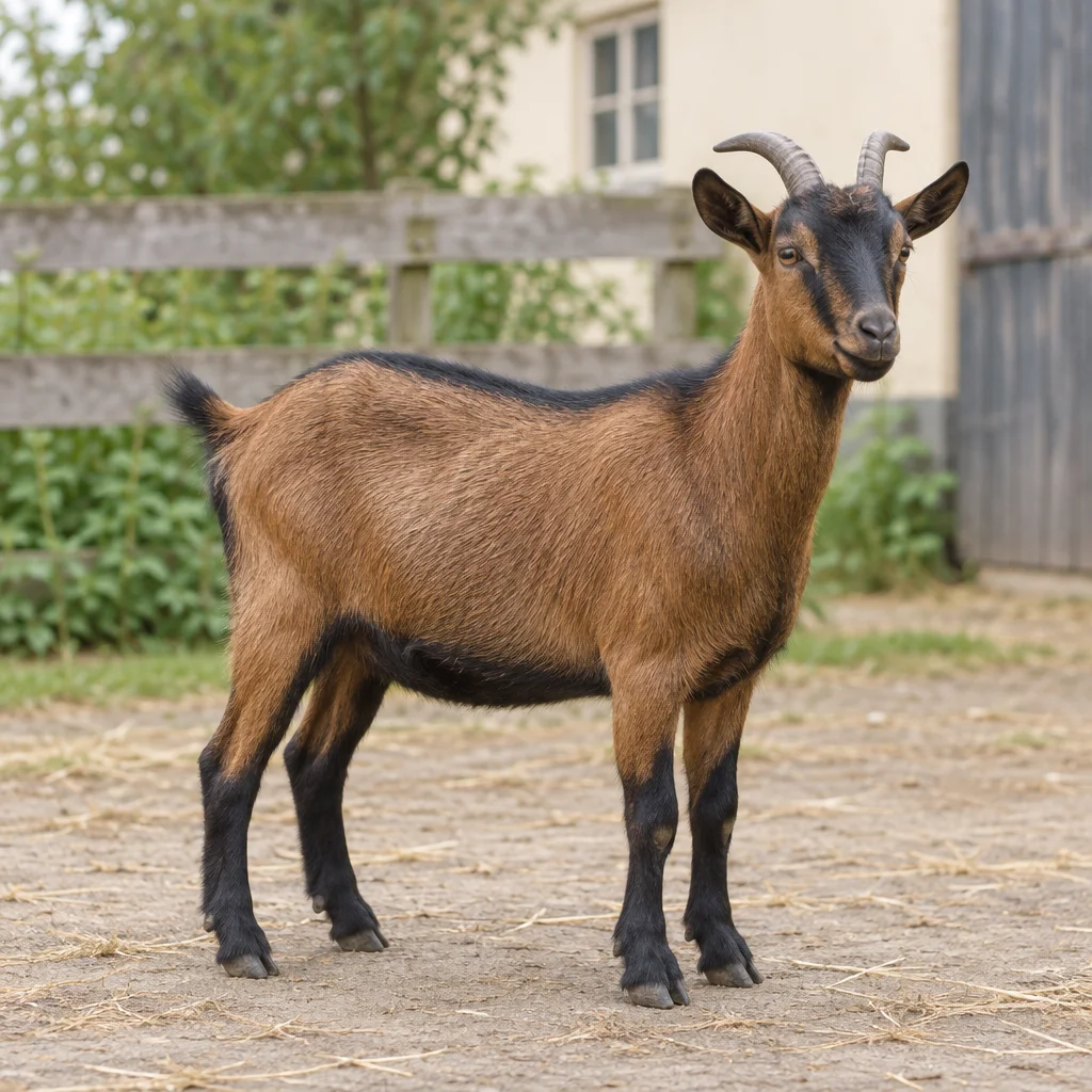 Bruine dwerggeit met zwarte onderbenen en twee hoorns staat volledig in beeld op een erf, voor een houten hek.