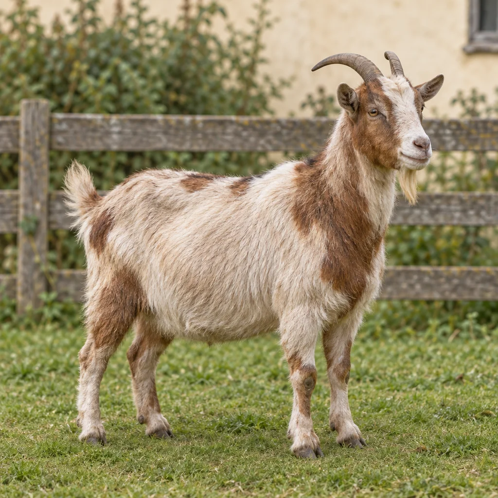 Een ruigharige geit met een lichte vacht, bruine vlekken, een sik en twee gebogen horens staat op gras voor een houten hek.