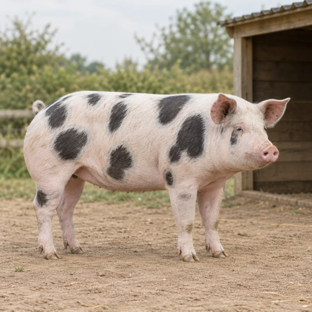 Een wit varken met zwarte vlekken staat met alle vier de poten zichtbaar op een erf naast een houten schuilplaats.
