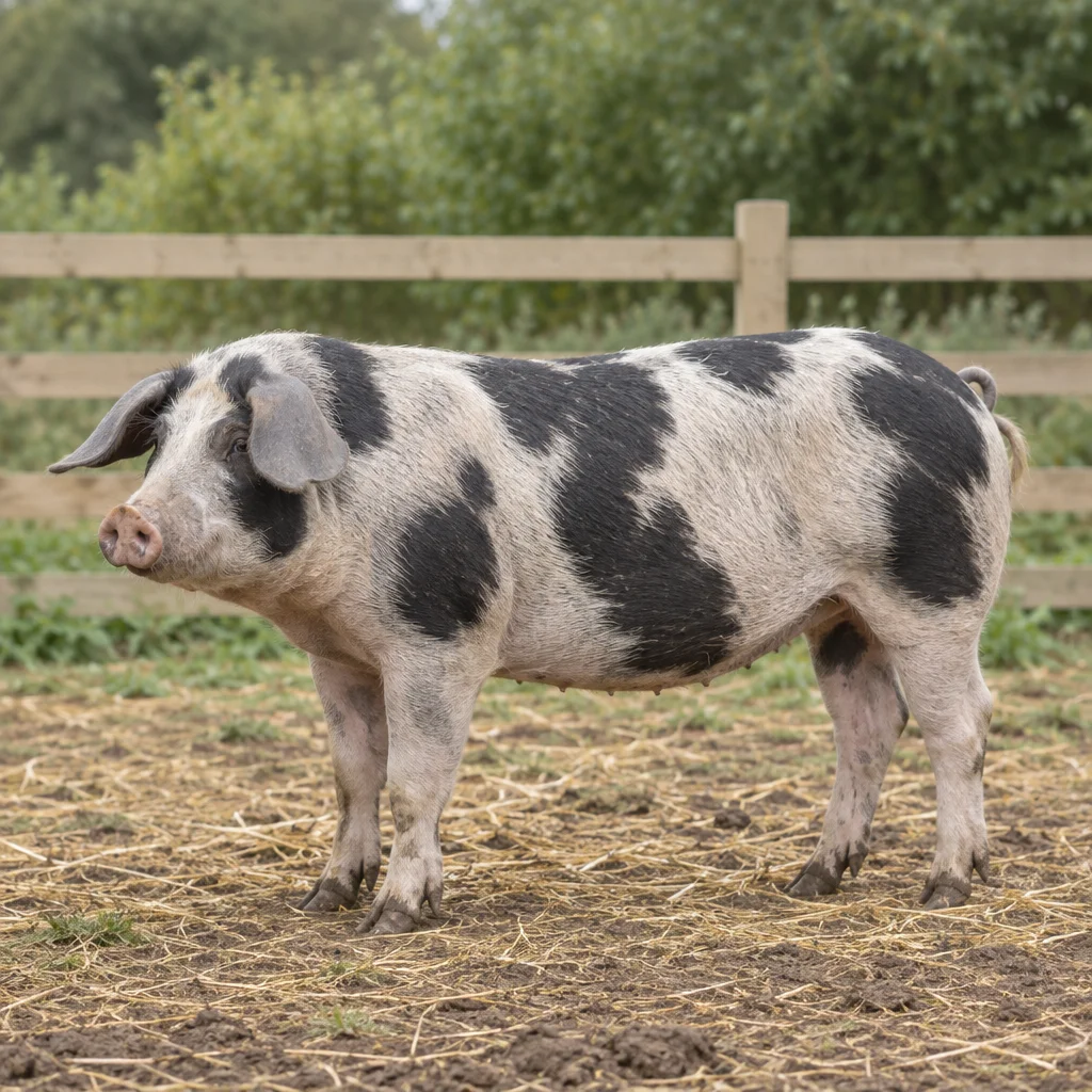 Een zwart gevlekt varken met hangoren staat volledig in beeld op stro en aarde, voor een houten hek.