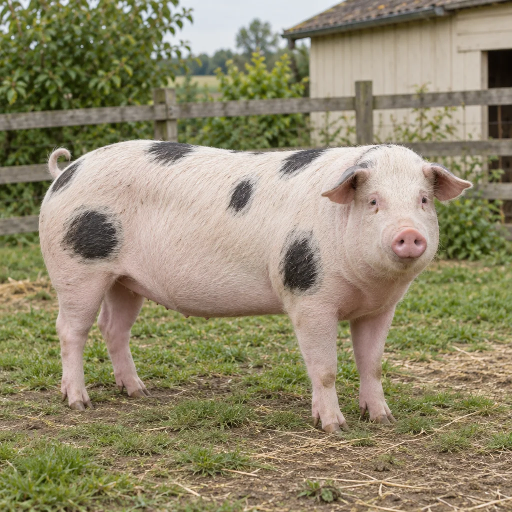 Een wit varken met ronde zwarte vlekken staat met alle vier de poten zichtbaar bij een houten omheining.
