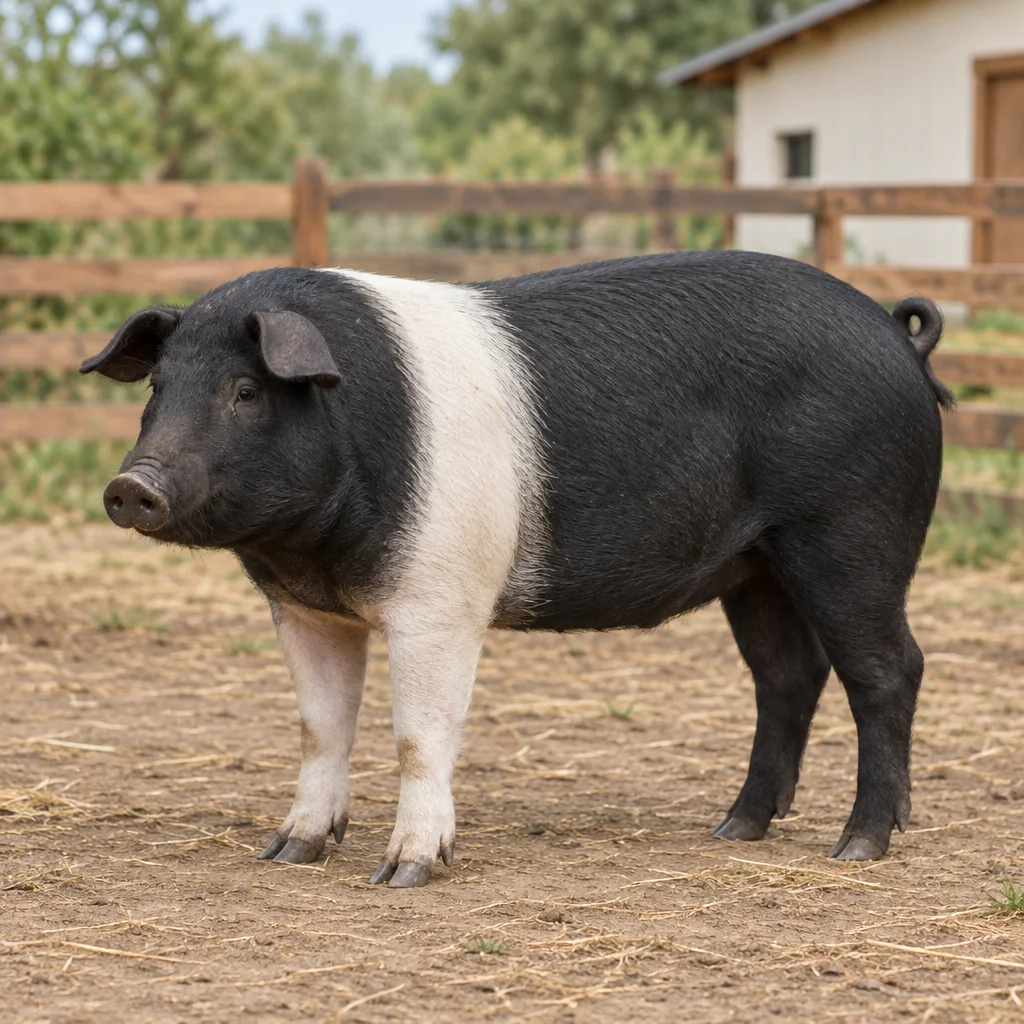 Een zwart varken met een witte band over de schouders en voorpoten staat op een erf met een houten hek op de achtergrond.