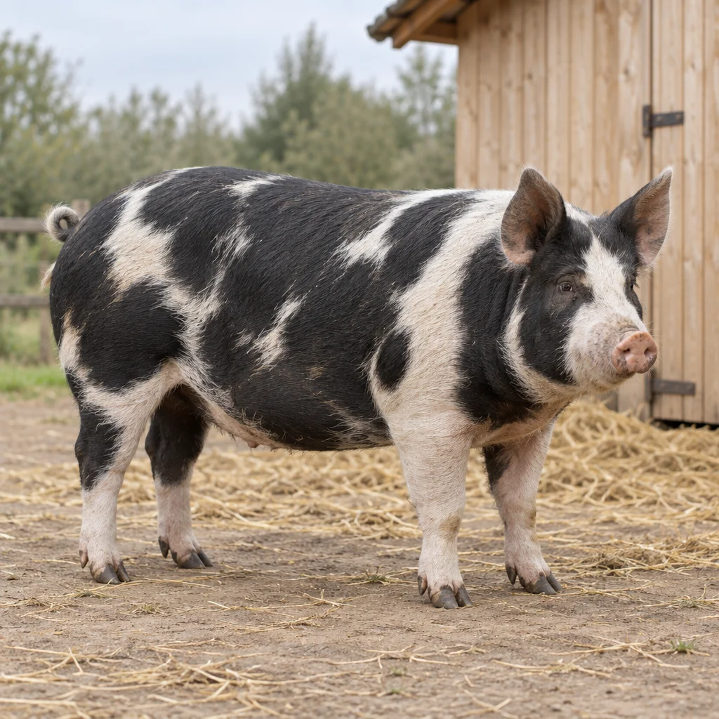 Een zwart wit gevlekt volwassen varken staat met alle vier de poten zichtbaar op stro en aarde, voor een houten schuur.