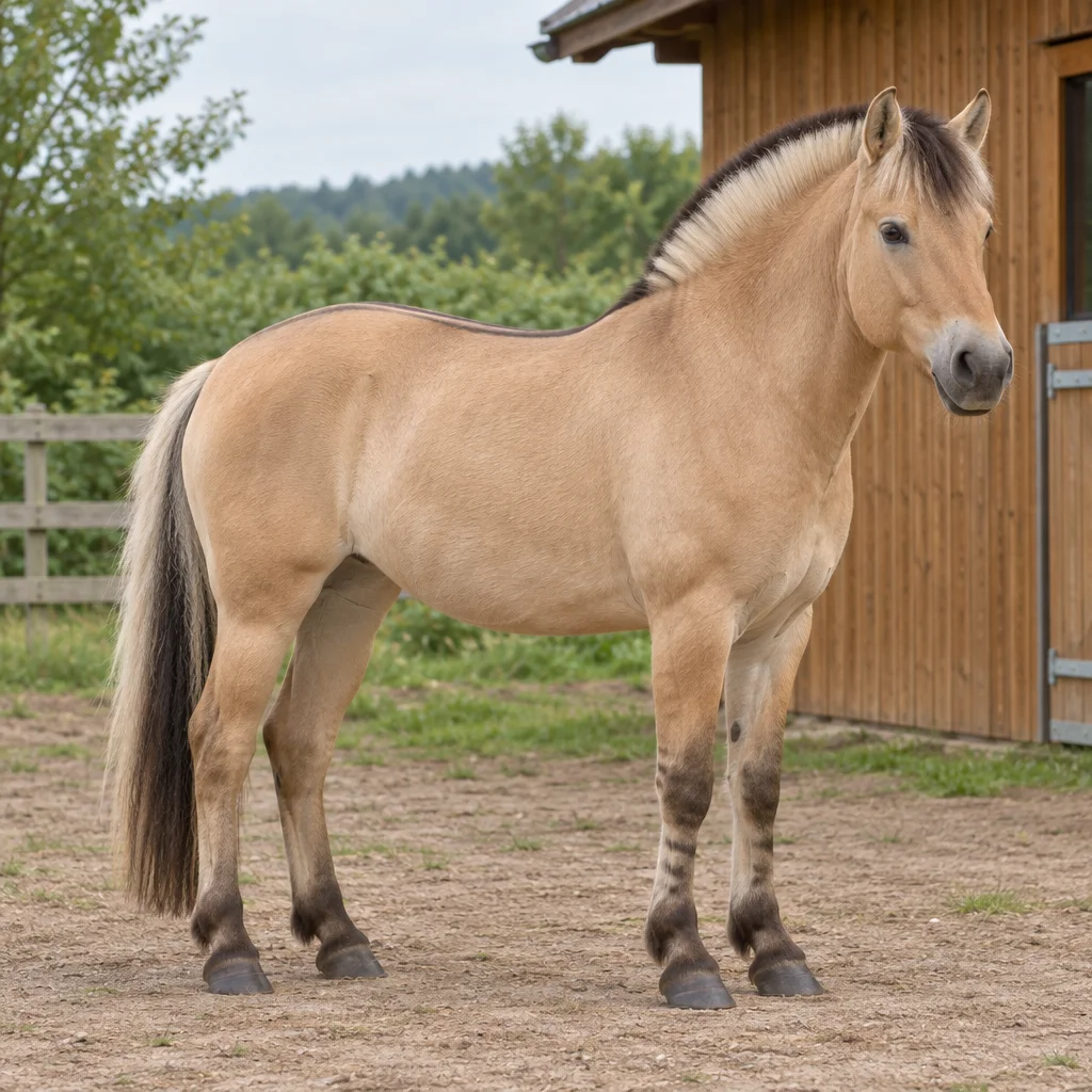 Zandkleurig paard met korte, rechtopstaande tweekleurige manen staat met alle hoeven zichtbaar bij een houten stal.