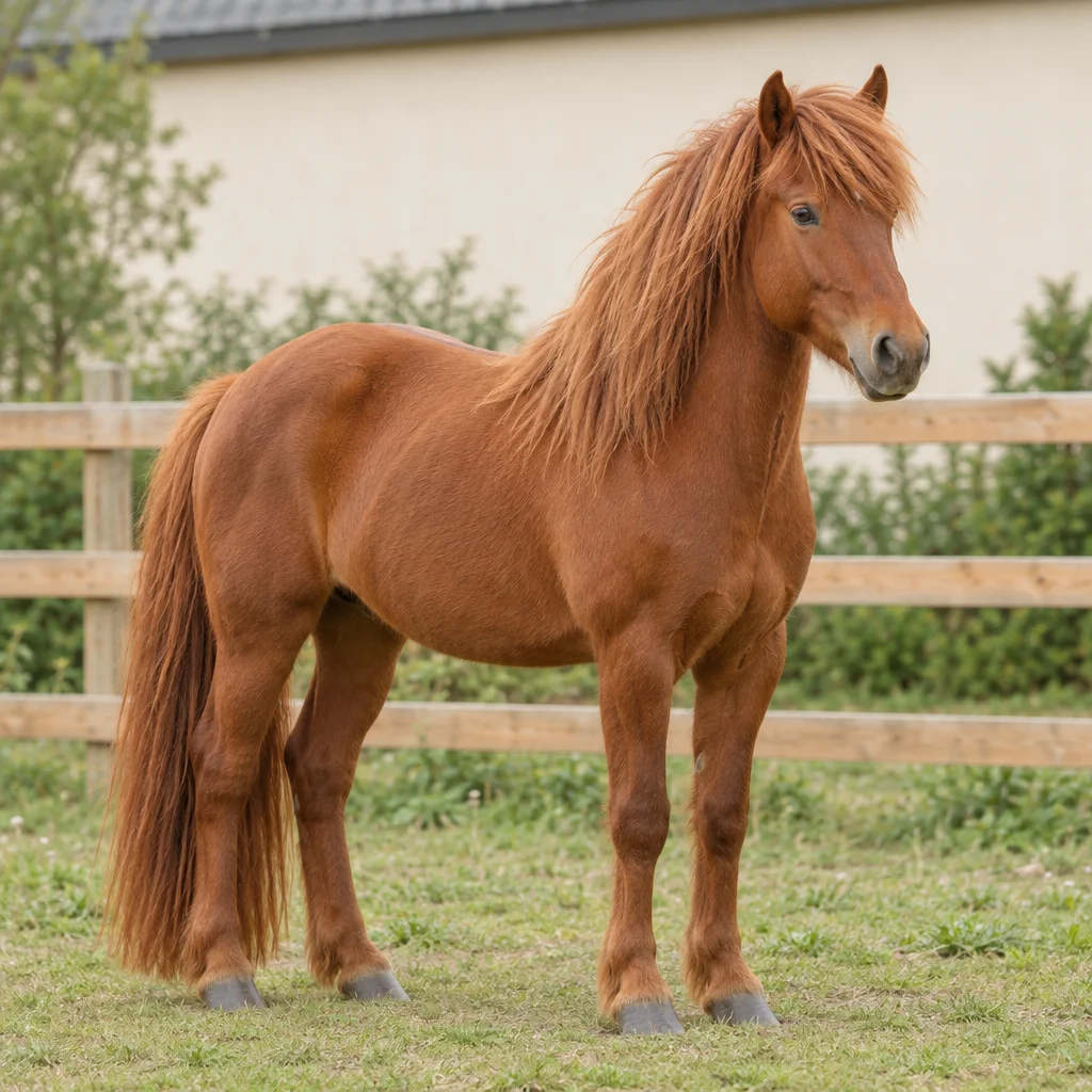 Roodbruin paard met lange manen en staart staat in een grasweide voor een houten hek.