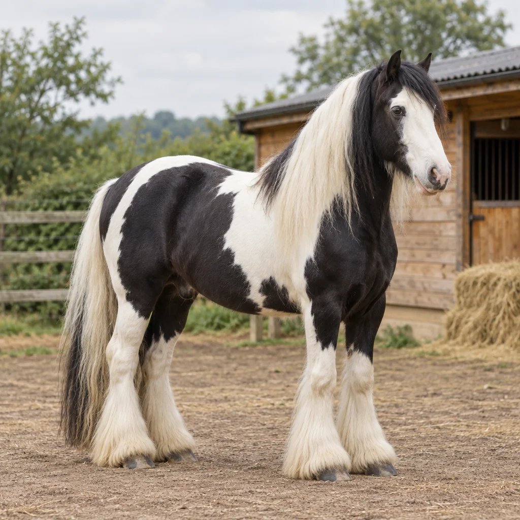 Zwart wit bont paard met lange manen, volle staart en veel beenbeharing staat voor een houten stal.
