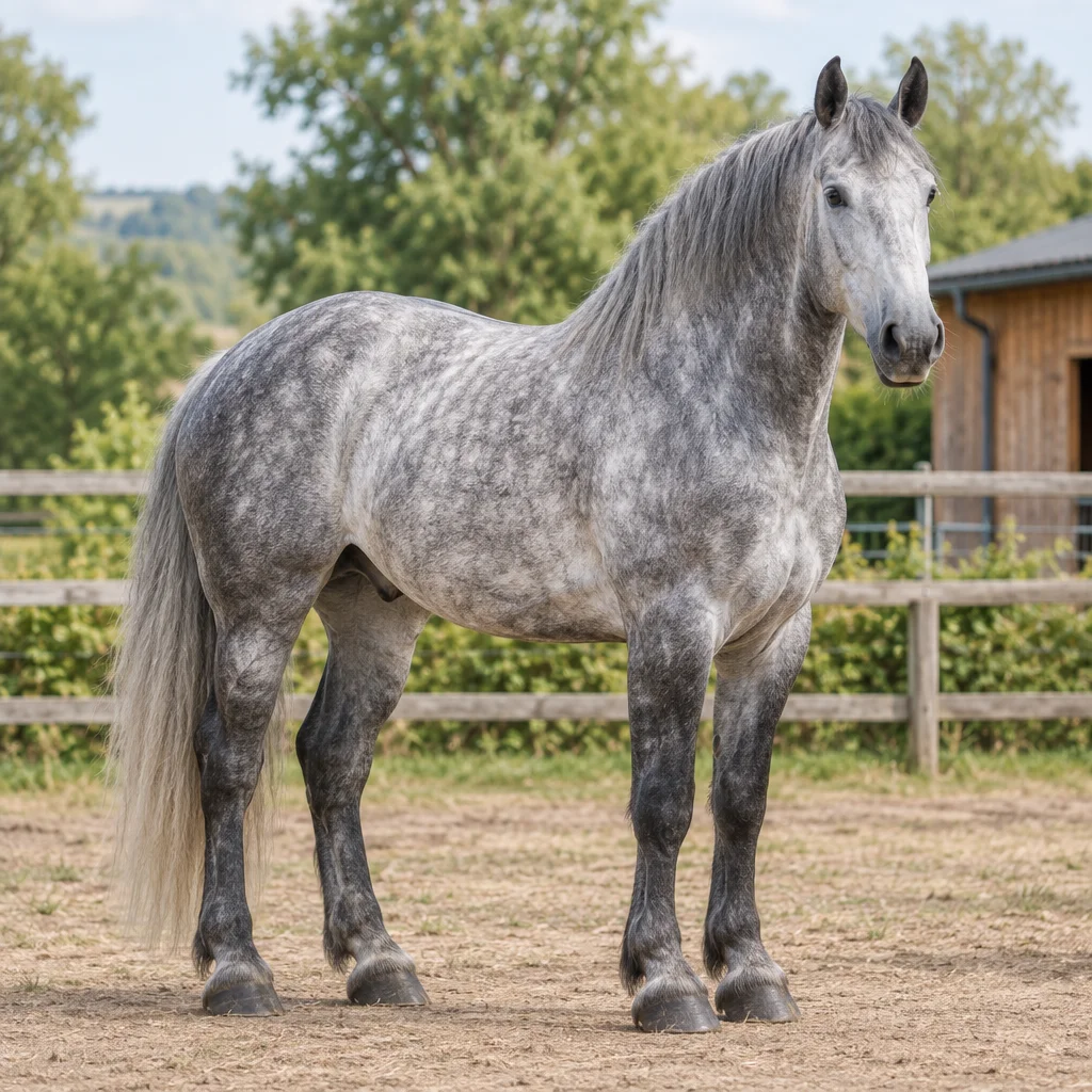 Volledig zichtbaar groot, schimmelgrijs paard staat in een paddock voor een houten omheining en stal.