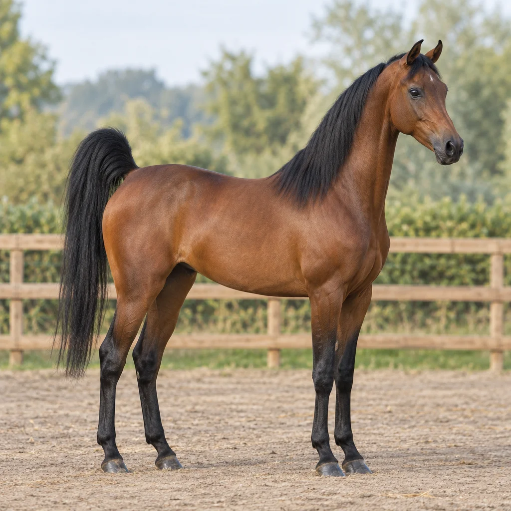 Bruin paard met zwarte manen en staart staat volledig in beeld in een omheinde paddock.