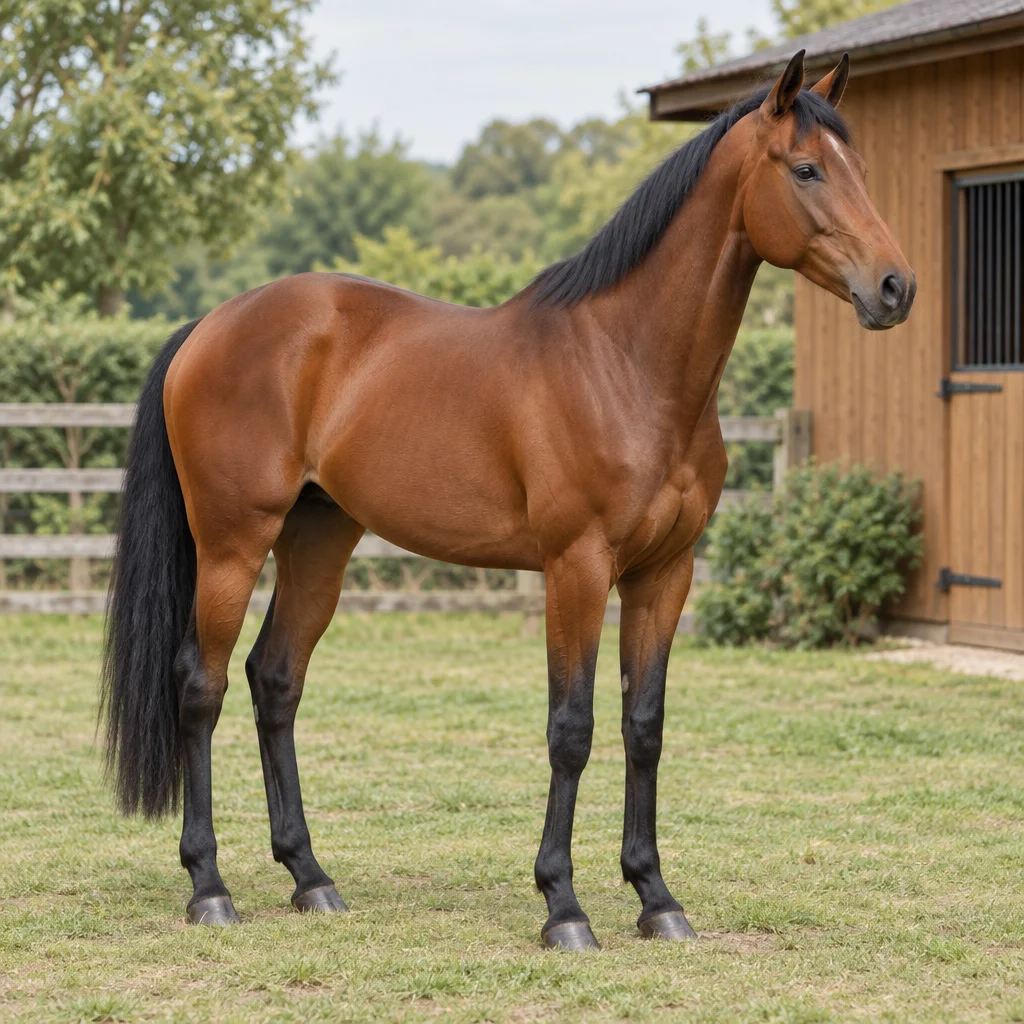 Bruin paard met zwarte manen, staart en onderbenen staat in een paddock naast een houten stal.