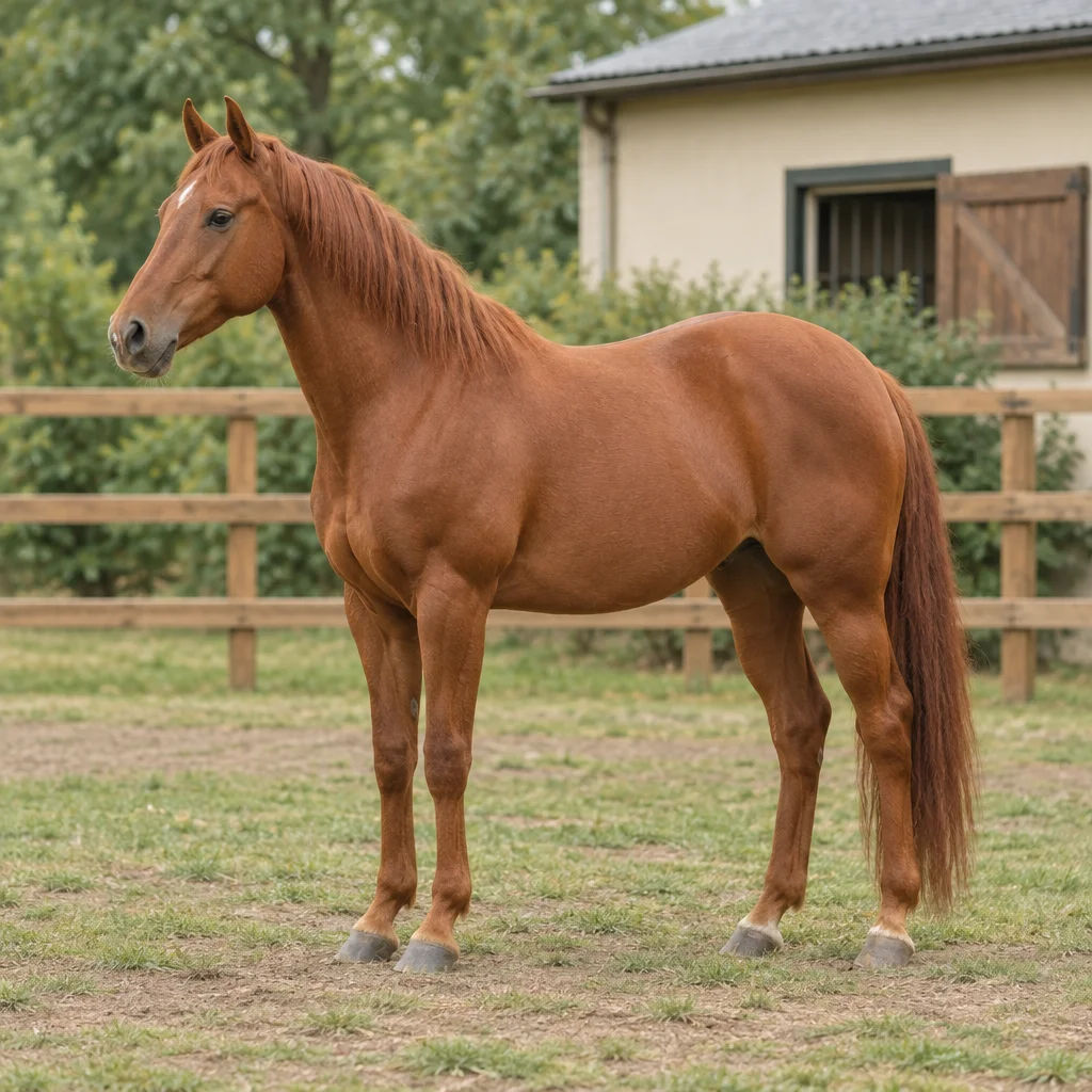 Vosbruin paard met roodbruine manen staat met het hele lichaam zichtbaar in een omheinde paddock.