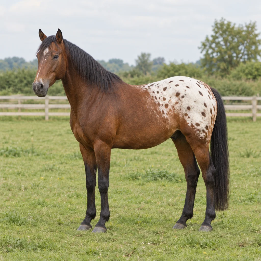 Bruin paard met een witte, donker gevlekte achterhand staat met alle vier de hoeven zichtbaar in een weiland.