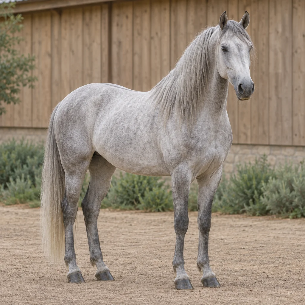 Een volwassen grijs paard staat met het hele lichaam zichtbaar op een erf, voor een houten stalwand.