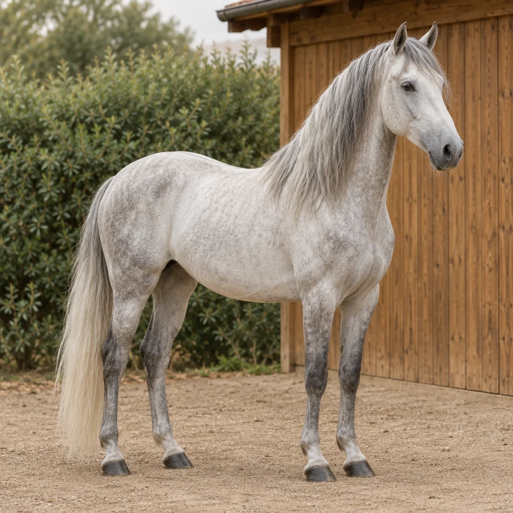 Grijs paard staat met het hele lichaam zichtbaar op een erf, voor een houten stal en groene struiken.
