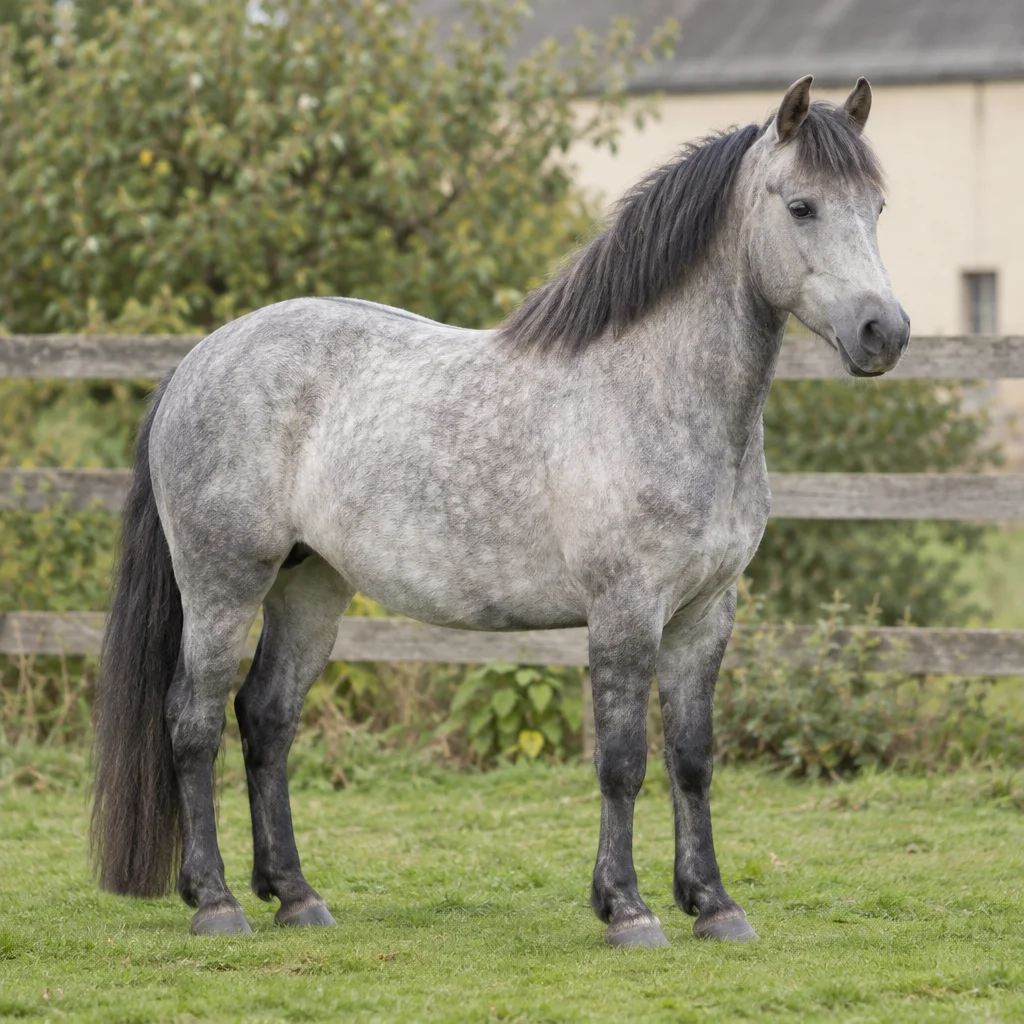 Grijze pony met donkere manen en staart staat op gras voor een houten hek.