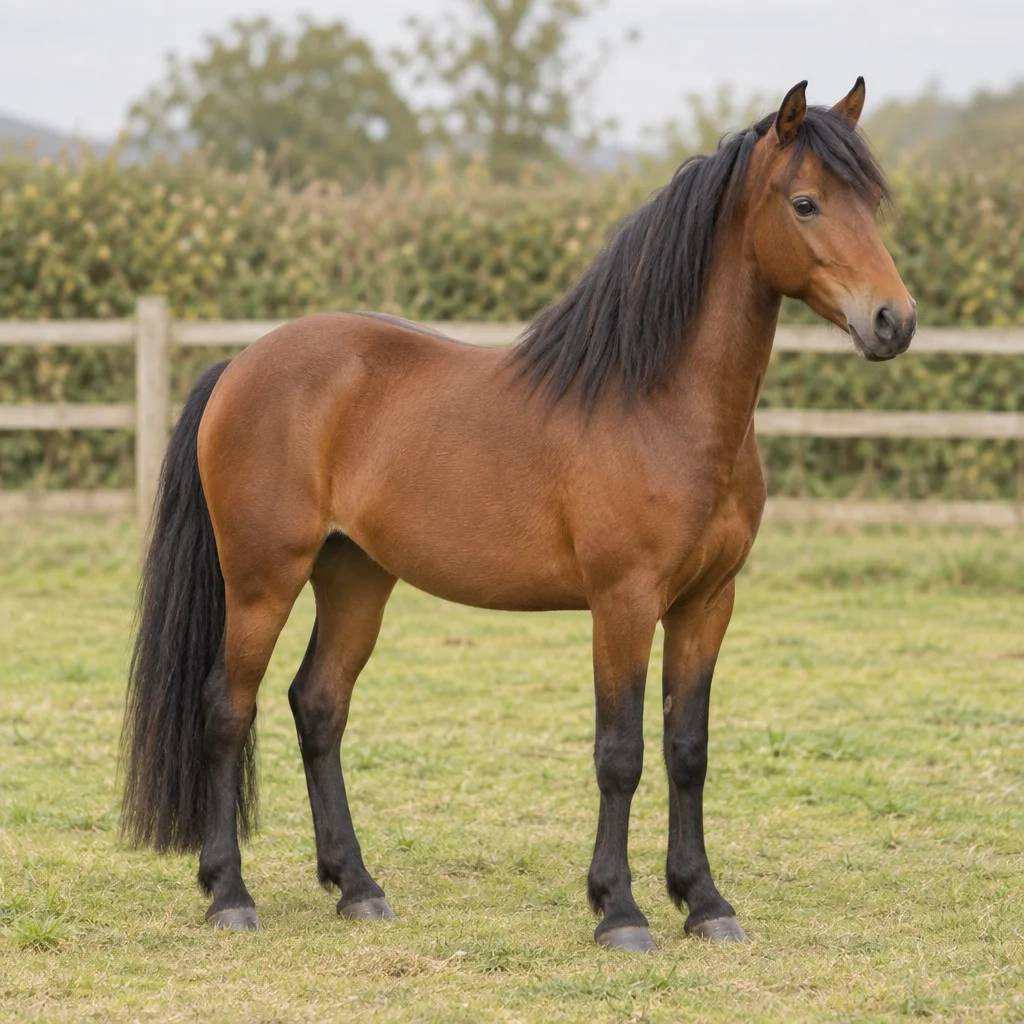 Illustratie van een bruine pony met zwarte manen en staart, staand in een omheinde weide.
