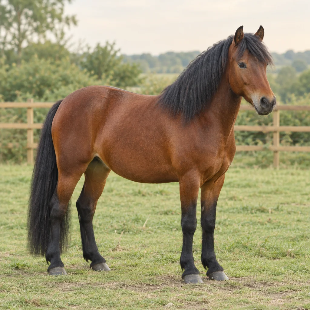 Bruine pony met zwarte manen, staart en onderbenen staat met het hele lichaam zichtbaar in een weiland bij een houten omheining.