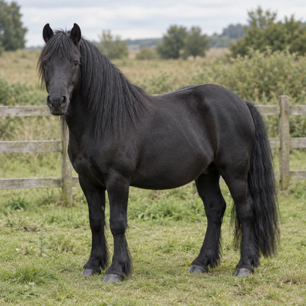 Zwarte pony met lange manen en staart staat met vier zichtbare hoeven in een weide bij een houten hek.
