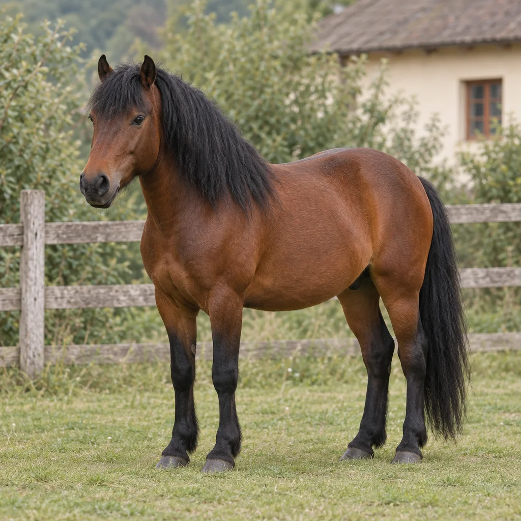 Een bruin paard met zwarte manen, staart en onderbenen staat op gras voor een houten hek.