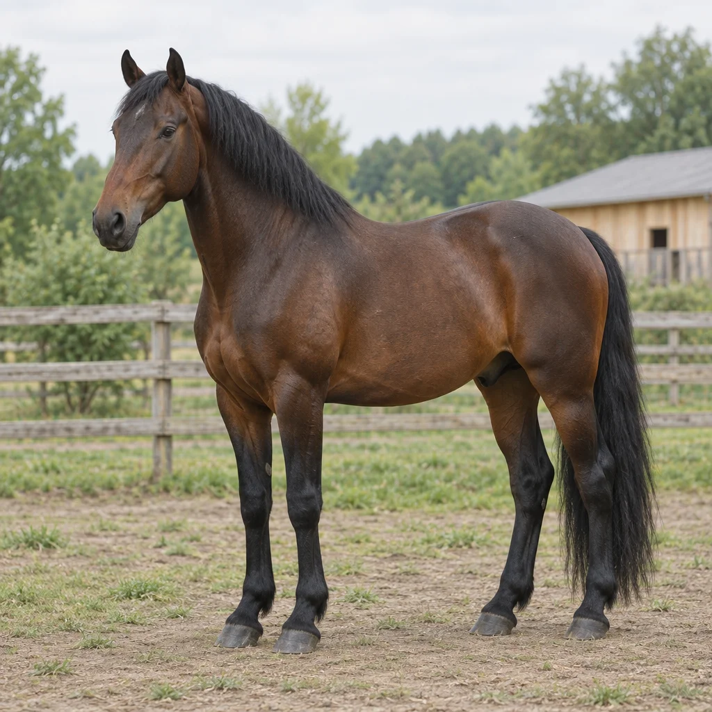 Donkerbruin paard met zwarte manen en staart staat volledig in beeld in een omheinde paddock, met bomen en een houten stal op de achtergrond.