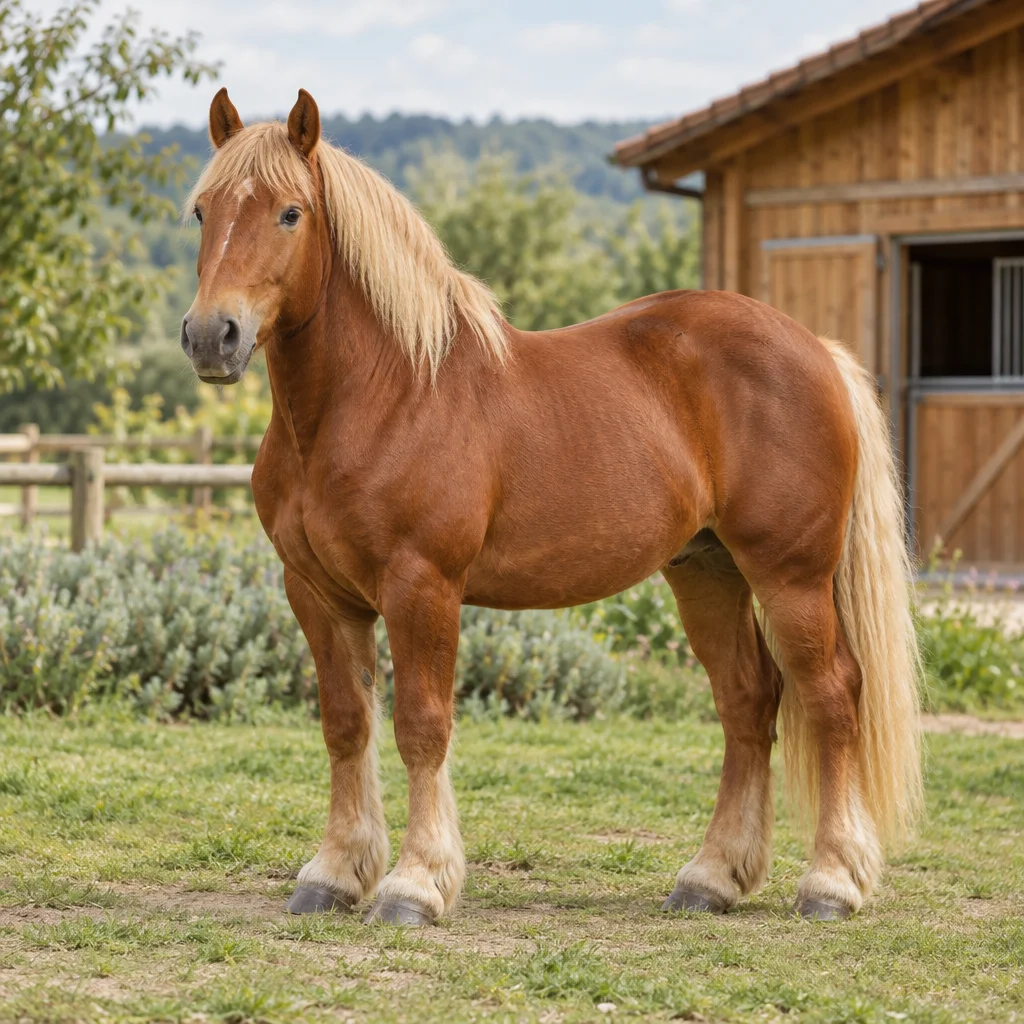 Koperbruin trekpaard met lichte manen en staart staat volledig in beeld voor een houten stal.