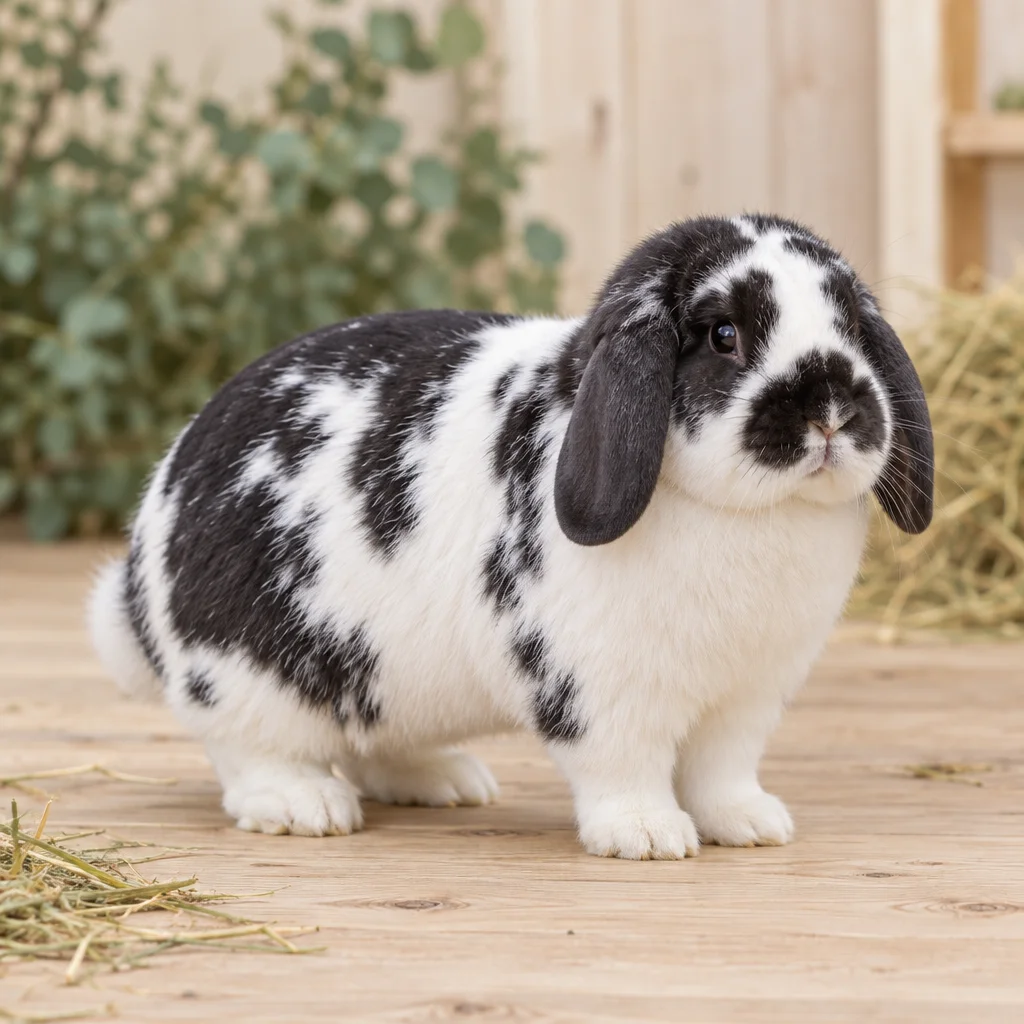 Zwart wit konijn met hangoren staat met vier zichtbare poten op een houten vloer naast wat hooi.