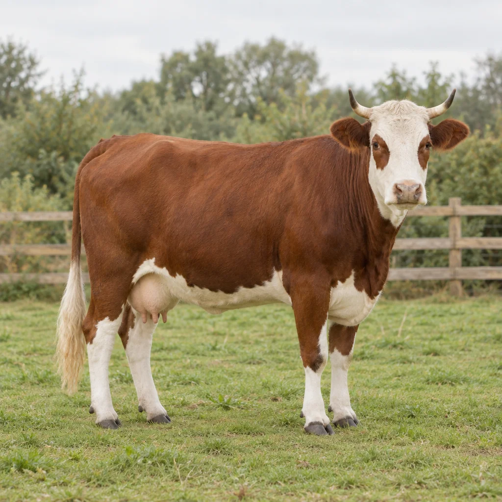 Roodbruine koe met een witte kop, bruine vlekken rond de ogen en witte onderbenen, staand in gras voor een houten hek.