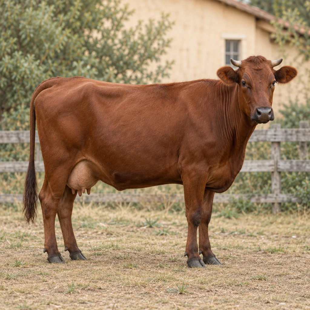 Roodbruine koe met donkere snuit en korte hoorns staat volledig in beeld voor een houten hek.