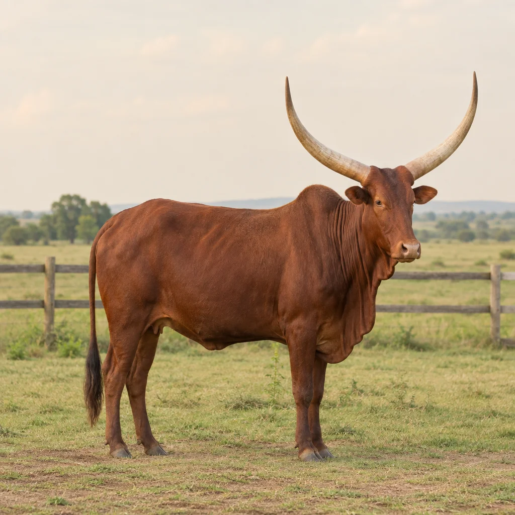 Illustratie van een roodbruin Ankole rund met lange, omhoog gebogen hoorns in een grasweide.