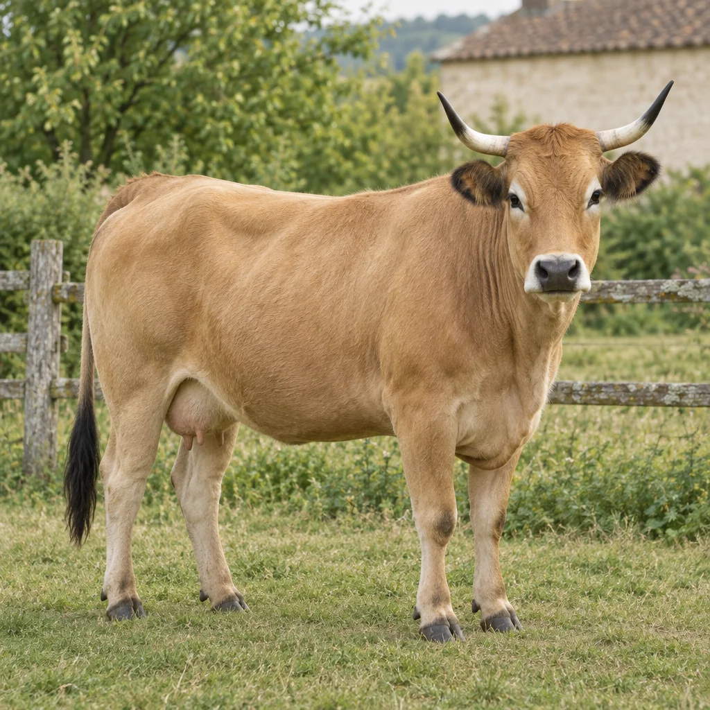 Lichtbruine koe met opwaarts gebogen hoorns en een donkere staartpluim staat volledig in beeld in een weiland bij een houten hek.