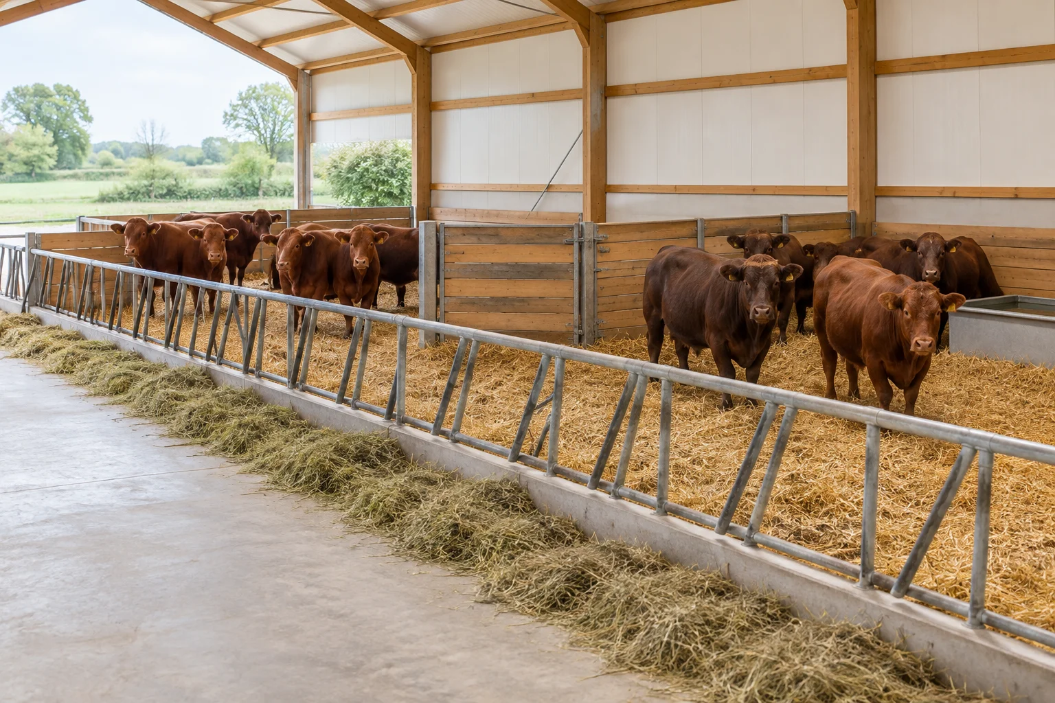 Twee groepen bruine runderen staan in aparte strohokken achter een voerhek. Langs het hek loopt een betonnen voergang met hooi; in een hok staat een drinkbak.