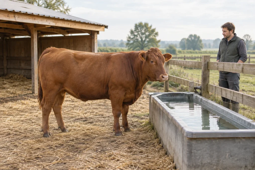 Bruin rund naast een waterbak op een erf, met een persoon achter het hek en een open houten schuilplaats.