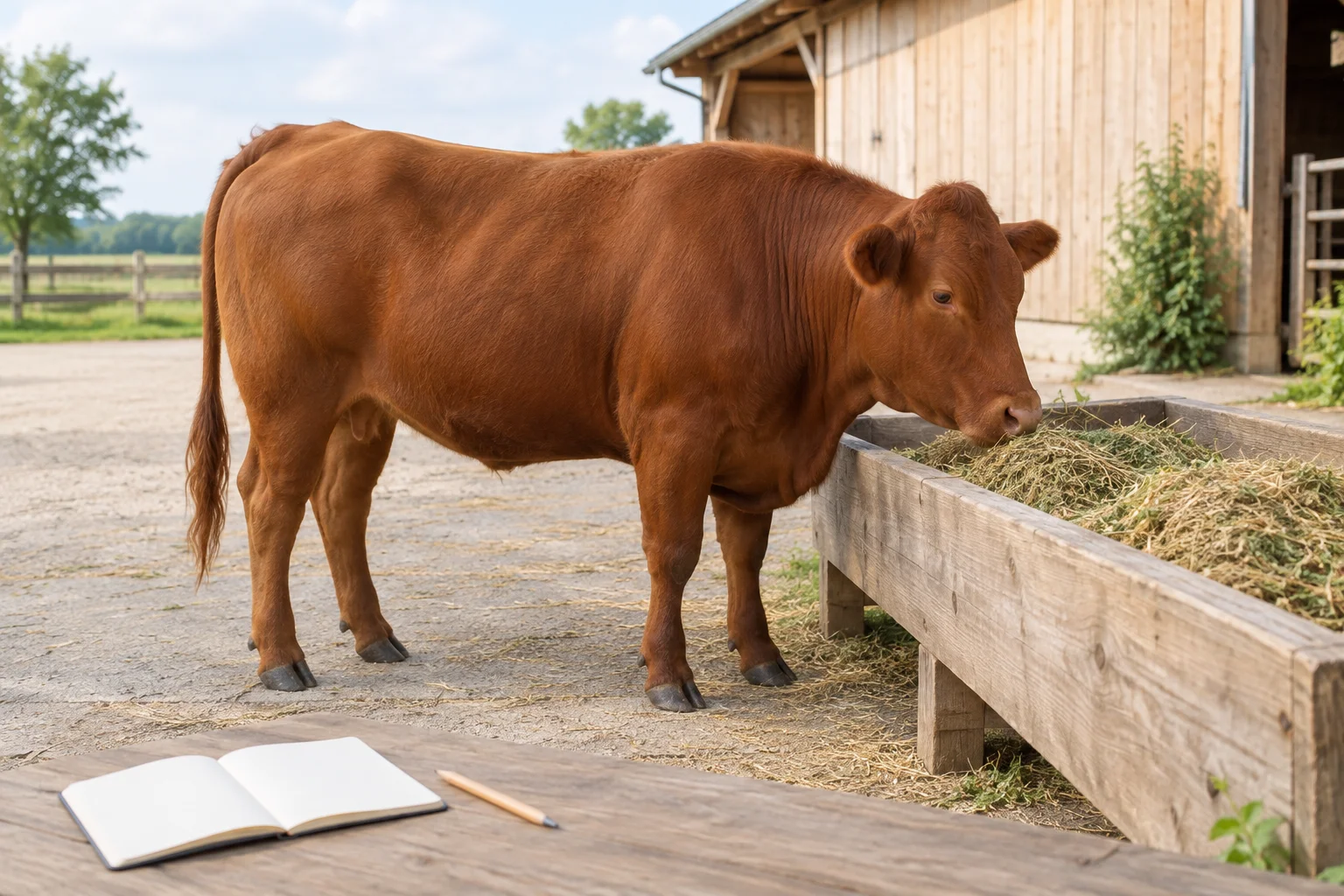 Roodbruin rund bij een houten voerbak met hooi, met een leeg notitieboek en potlood op de voorgrond.