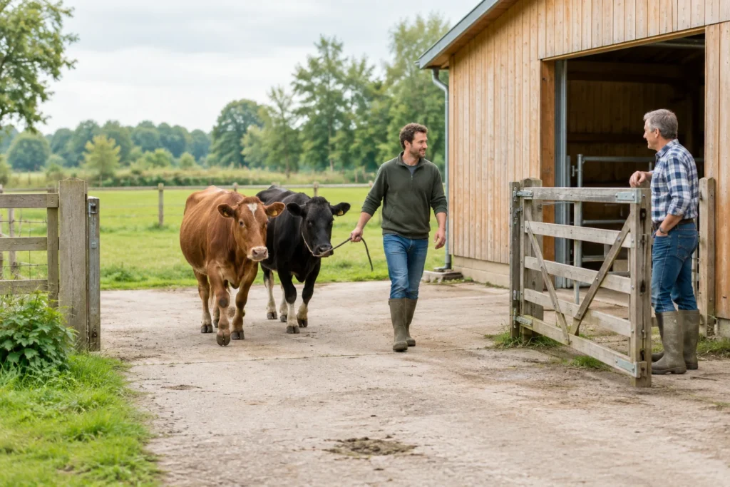 Twee runderen lopen met een begeleider naar een open hek bij een stal, waar een tweede persoon staat.