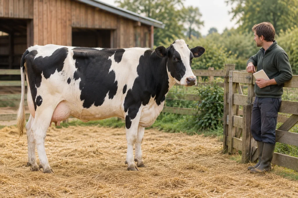 Zwartbonte koe staat op stro naast een houten hek, terwijl een veehouder met een gesloten notitieboek toekijkt.
