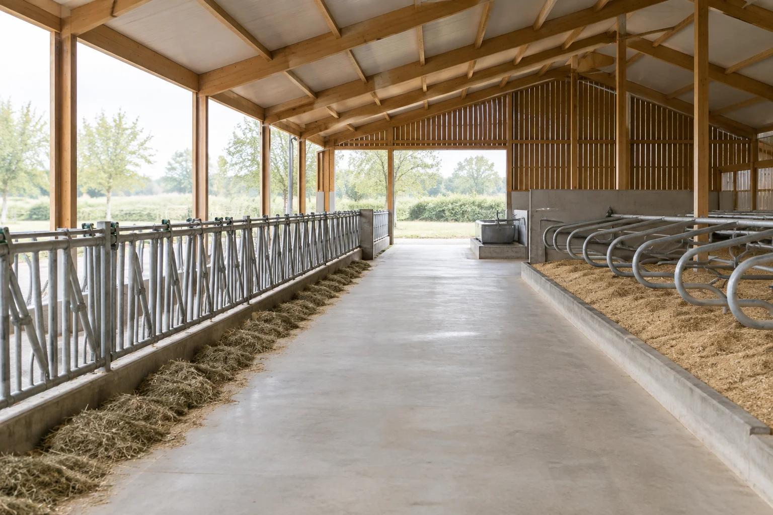 Interieur van een lege rundveestal met een houten dakconstructie, voerhek, ligboxen en een centrale betonnen gang.
