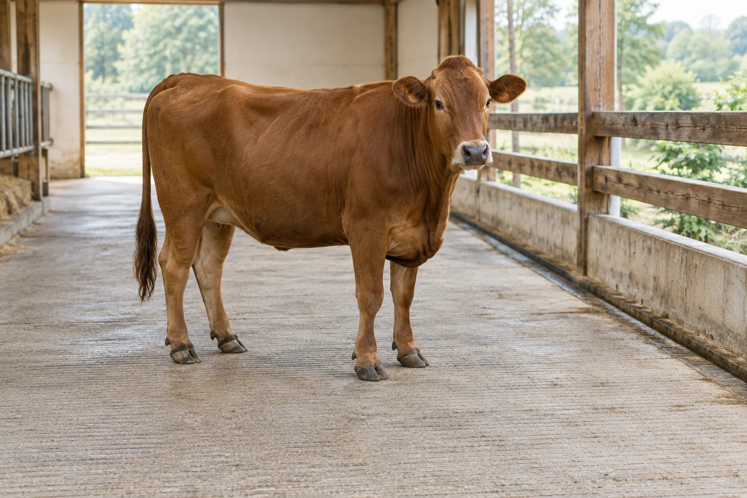 Bruin rund staat met alle vier de hoeven zichtbaar op een licht gestructureerde betonvloer in een open stal.