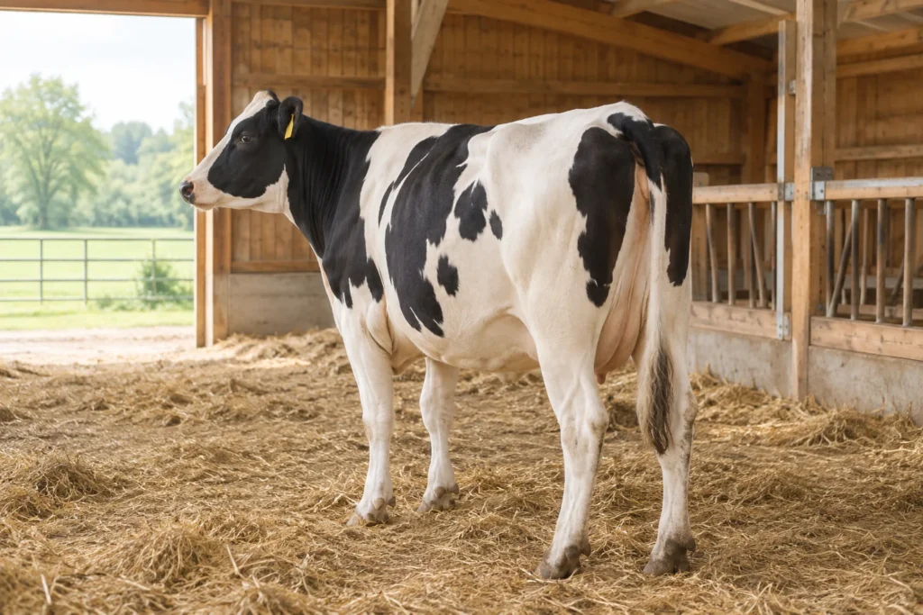 Zwartbonte koe staat op stro in een houten stal, schuin van achteren gezien.