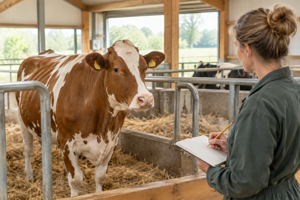 Een vrouw noteert observaties bij een bruinwit rund in een stal.