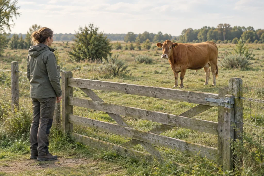 Een persoon staat bij een gesloten houten hek en kijkt naar een bruine koe in een grasland met struiken.