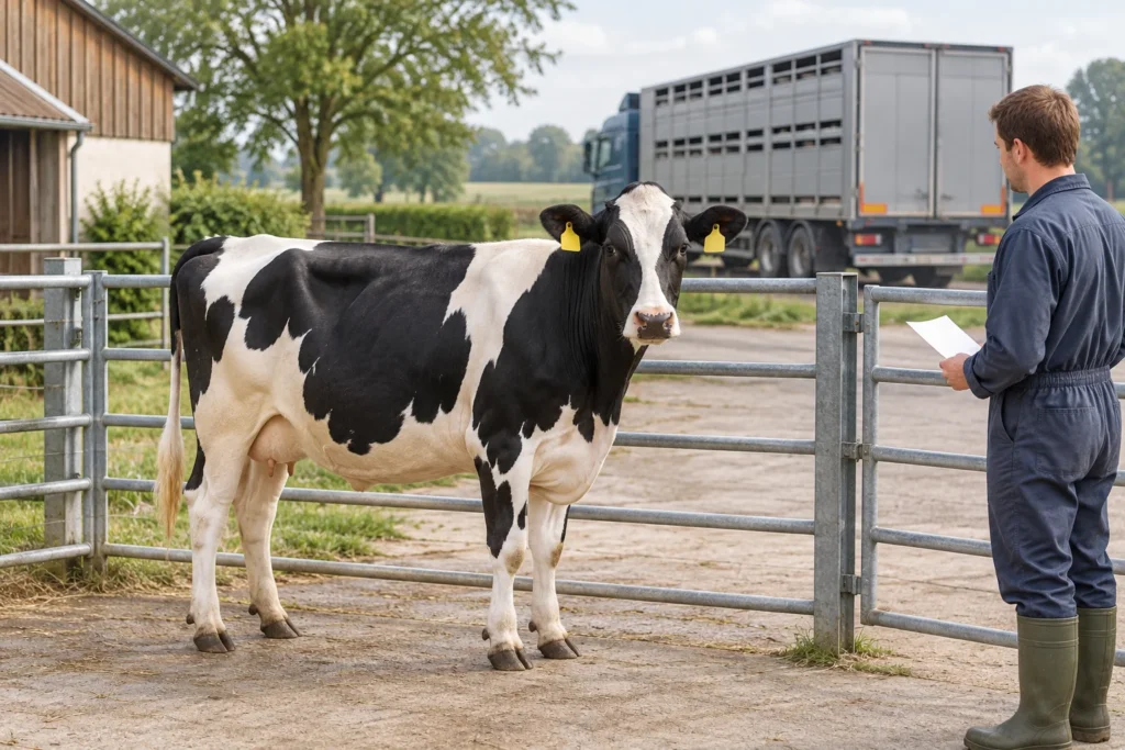 Zwartbonte koe met gele oormerken bij een hek, met een medewerker en een veewagen op de achtergrond.