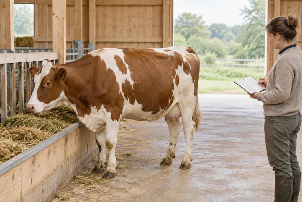 Bruinwit rund bij een voerbak met ruwvoer, terwijl een houder met een leeg notitieboek toekijkt.