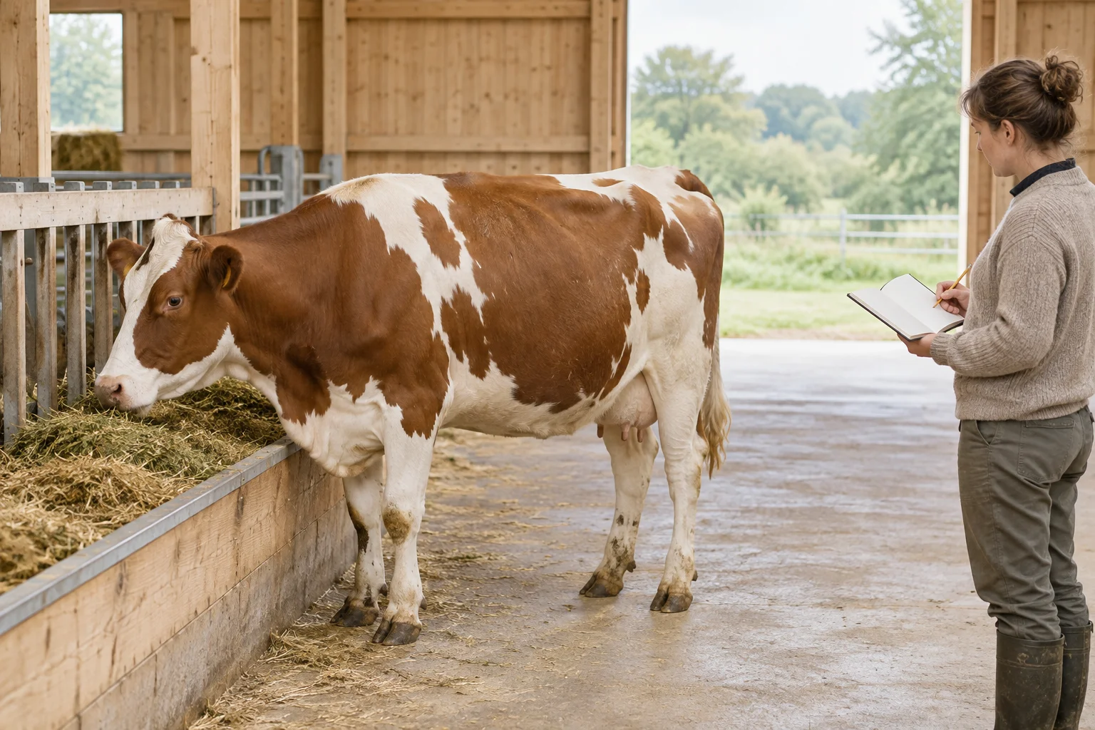 Bruinwit rund bij een voerbak met ruwvoer, terwijl een houder met een leeg notitieboek toekijkt.
