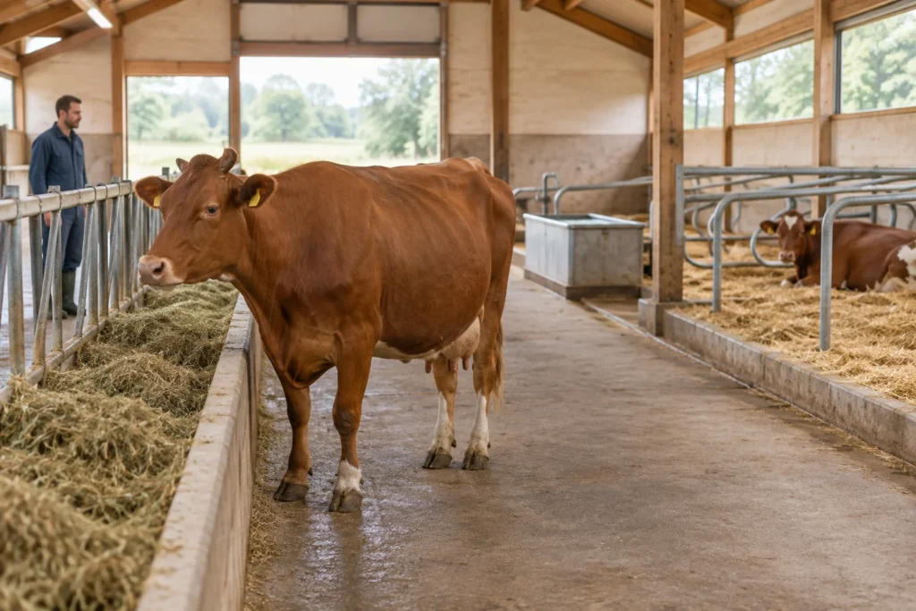Bruine koe bij een voerplek in een stal, met een waterbak, ligruimte en een verzorger achter het voerhek.