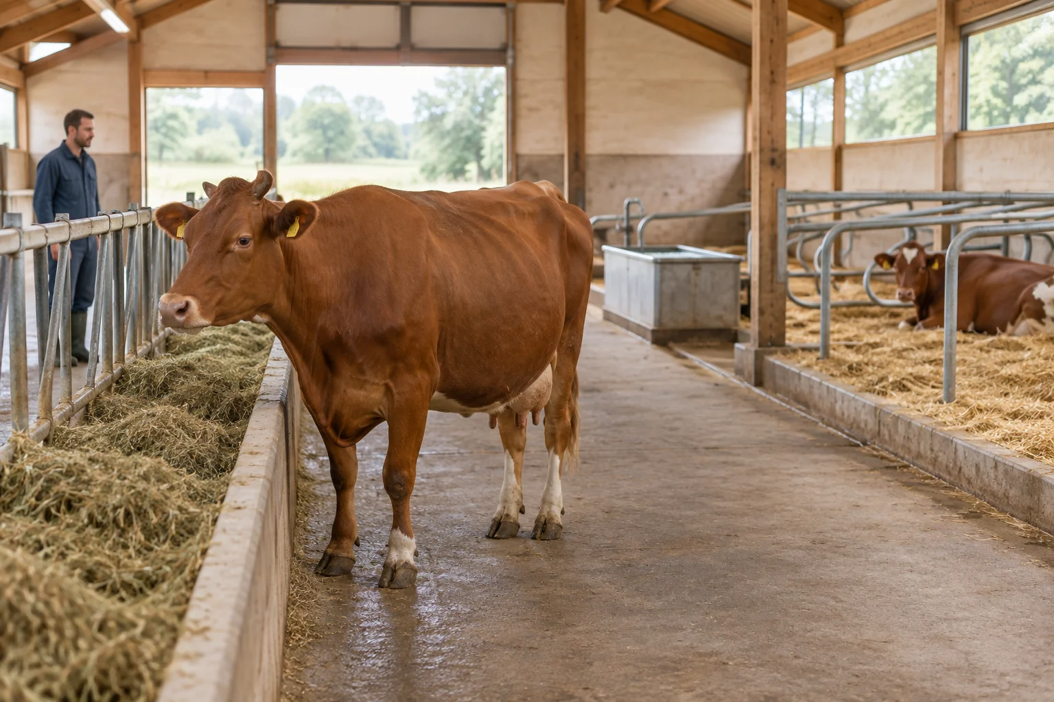 Bruine koe bij een voerplek in een stal, met een waterbak, ligruimte en een verzorger achter het voerhek.