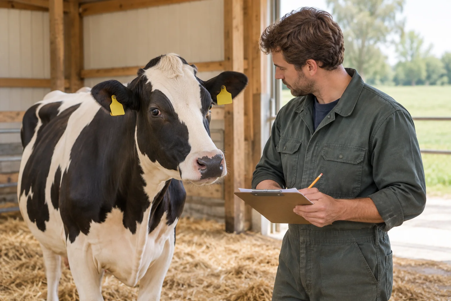 Illustratie van een zwartbonte koe met gele oormerken naast een veehouder die aantekeningen maakt op een klembord in een stal.