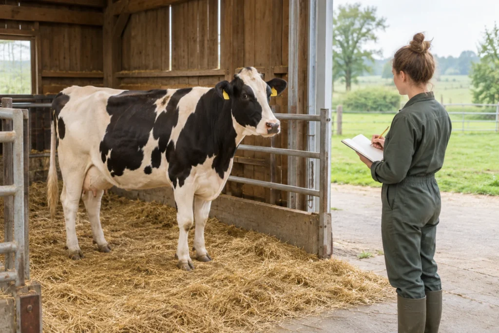 Een zwartbonte koe staat in een stal terwijl een medewerker buiten het hek met een open notitieboek naar haar kijkt.