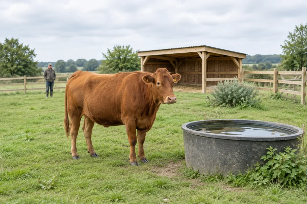 Bruin rund in een grasweide naast een drinkbak, met een houten schuilplek en een persoon op de achtergrond.